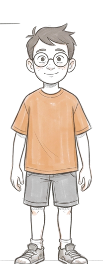 Pencil drawing of Little Mark: a boy with round glasses in an orange T-shirt