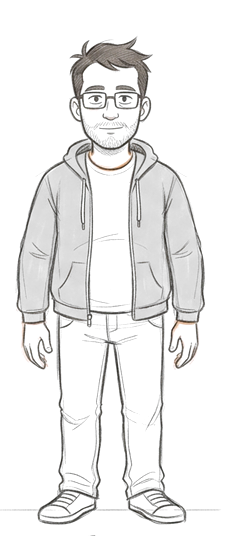 Pencil drawing of Mark: a man in a grey hoodie and glasses