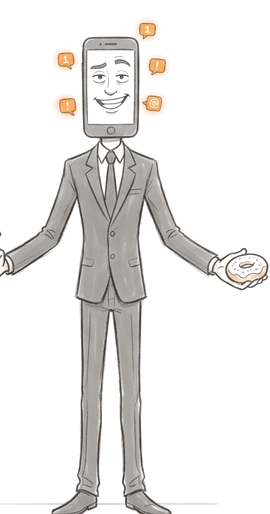 Pencil drawing of Mr. Feed: a man in a suit with a smartphone for a head